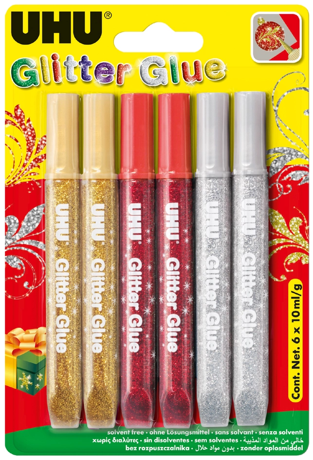 Een "uhu glitterlijm glitter lijm ""festliche kleuren"" 6x10 ml" koop je bij NiceSupplies.nl