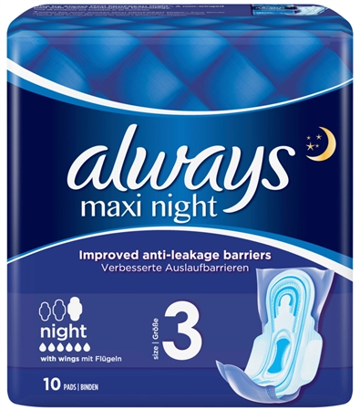 Een always maxi maandverband night met vleugels 10 maat 3 koop je bij NiceSupplies.nl