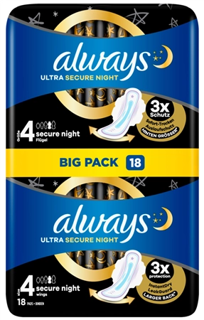 Een always ultra maandverband secure night met vleugels bigpack koop je bij NiceSupplies.nl