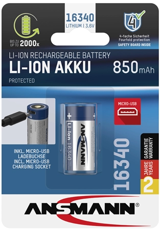 Een ansmann li-ion accu 16340 met micro-usb koppeling 850 mah koop je bij NiceSupplies.nl