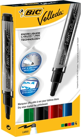 Een bic whiteboard-marker velleda liquid ink tank 4 stuks etui koop je bij NiceSupplies.nl