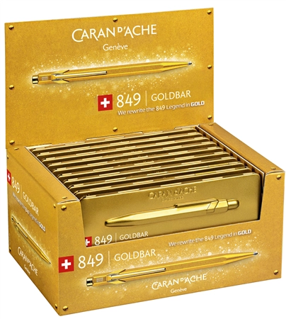 Een caran d'ache balpen met drukknop 849 goldbar in display koop je bij NiceSupplies.nl