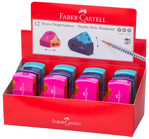 Een faber-castell dubbele puntenslijper sleeve assorti koop je bij NiceSupplies.nl