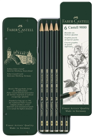 Een faber-castell potlood castell 9000 6 stuks metalen doos koop je bij NiceSupplies.nl