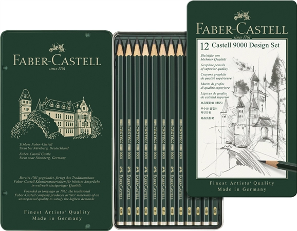 Een faber-castell potlood castell 9000 design 12 stuks metalen doos koop je bij NiceSupplies.nl