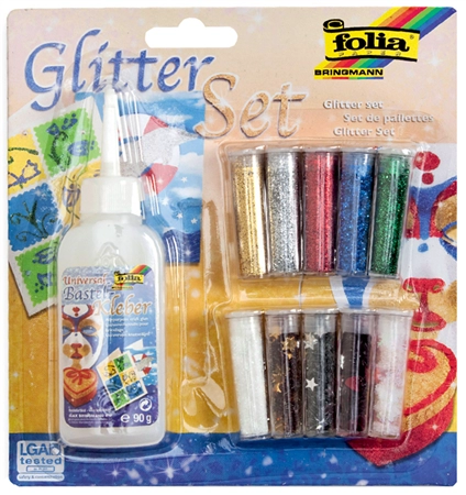 Een folia glitter-set inclusief dekolijm assorti kleuren koop je bij NiceSupplies.nl