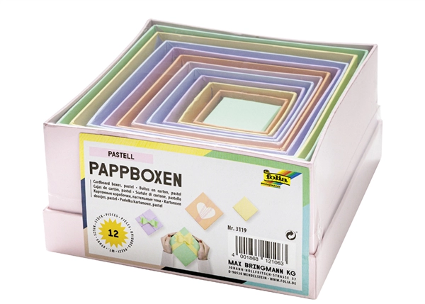 Een folia kartonnen doos pastel vierkant 12 stuks assorti koop je bij NiceSupplies.nl