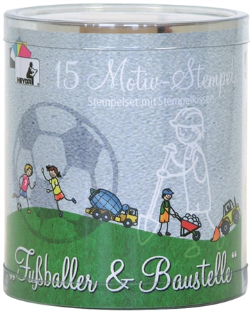 Een heyda motief stempel-set voetenballer en bouwplaats rond doosje koop je bij NiceSupplies.nl