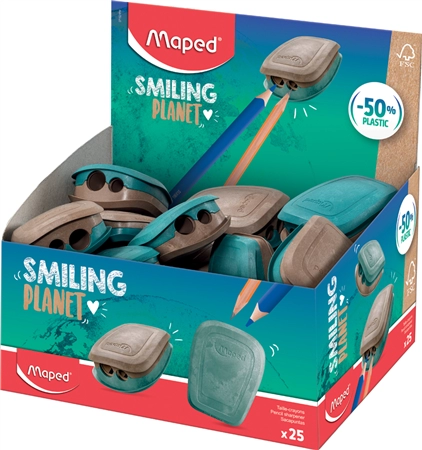 Een maped dubbel-puntenslijper smiling planet blauw/bruin 25stuks koop je bij NiceSupplies.nl