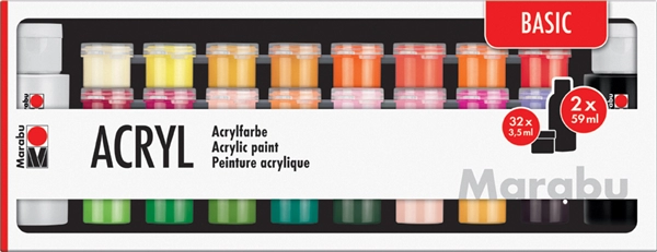 Een marabu acrylverf-set basic 32x3,5 ml / 2x59 ml koop je bij NiceSupplies.nl