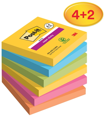 Een post-it zelfklevend notitieblok super sticky notes 76x76 mm 4+2 koop je bij NiceSupplies.nl