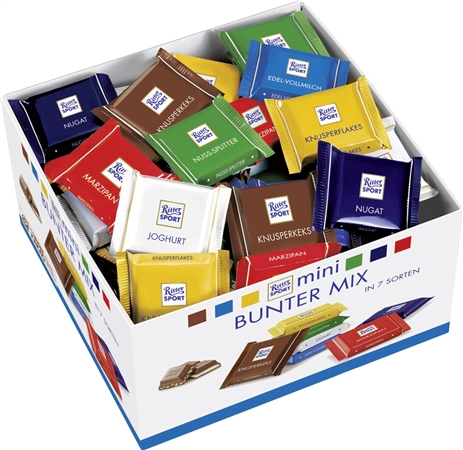 Een ritter sport mini-tafelchocolade bonder mix 84 stuks koop je bij NiceSupplies.nl