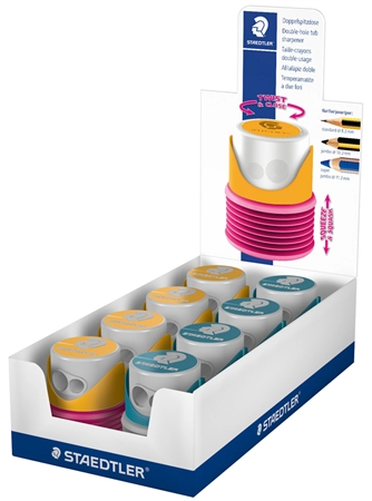 Een staedtler dubbele puntenslijper twist en close 8 stuks display koop je bij NiceSupplies.nl