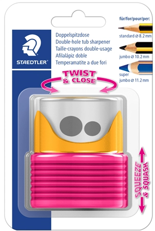 Een staedtler dubbele puntenslijper twist en close geel/beere koop je bij NiceSupplies.nl