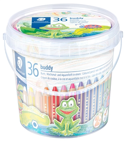 Een staedtler hexagonale kleurpotloden buddy 36 stuks emmer en puntenslijper koop je bij NiceSupplies.nl