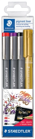 Een staedtler pigmentliner 3 stuks set +gratis metallic-marker,etui koop je bij NiceSupplies.nl