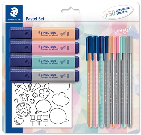 Een staedtler schrijfset pastel met 50 sticker voor ausmalen koop je bij NiceSupplies.nl