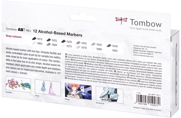 Een tombow marker abt pro op alcoholbasis 12 stuks set grey colors koop je bij NiceSupplies.nl