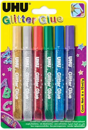 Een uhu glitter lijm glitter lijm inhoud 6x10 ml koop je bij NiceSupplies.nl