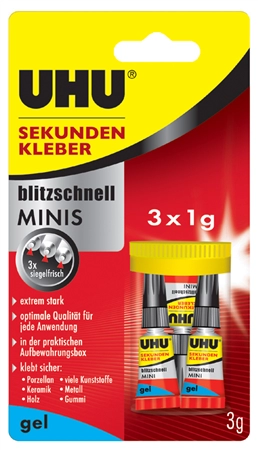 Een uhu secondelijm blitzsnel minis gel 3 tuben 1gr koop je bij NiceSupplies.nl