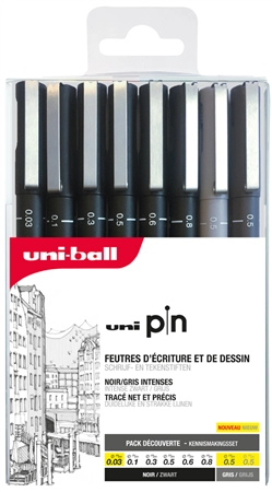 Een uni-ball fineliner pin asp010 8 stuks set koop je bij NiceSupplies.nl