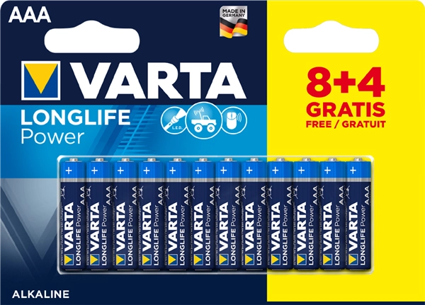 Een varta alkaline batterij high energy micro aaa 8 en 4 gratis koop je bij NiceSupplies.nl