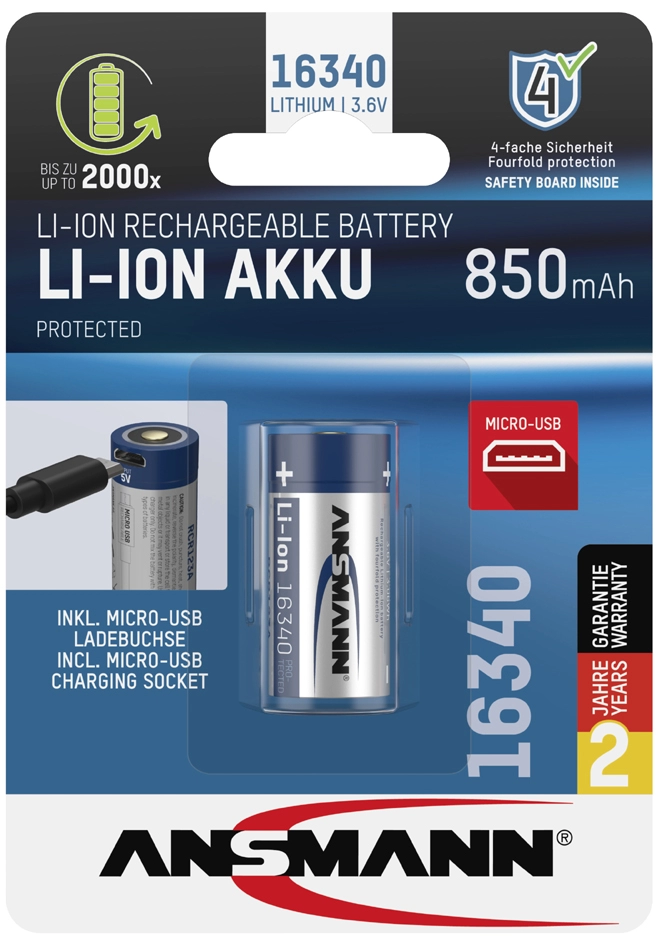 Een ansmann li-ion accu 16340 met micro-usb koppeling 850 mah koop je bij NiceSupplies.nl