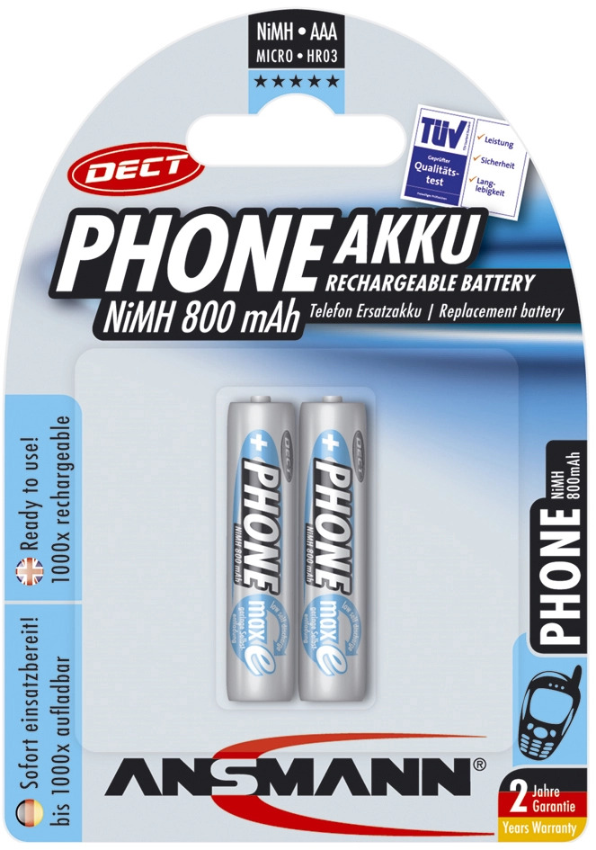 Een ansmann nimh maxe dect blue micro aaa 800 mah 2 stuks blister koop je bij NiceSupplies.nl