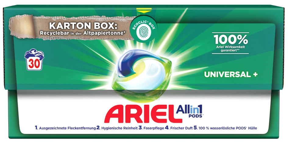 Een ariel 3in1 pods wasmiddel universeel 30 wl in kartonbox koop je bij NiceSupplies.nl