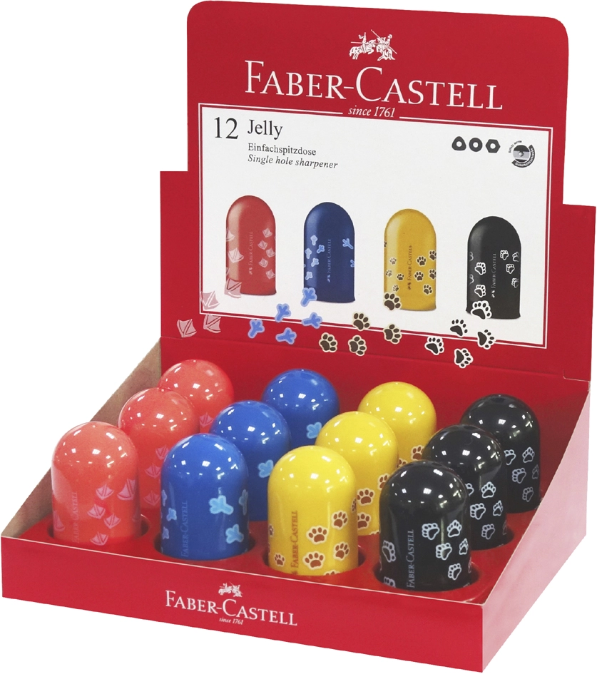 Een faber-castell einvakpuntenslijper jelly in display koop je bij NiceSupplies.nl