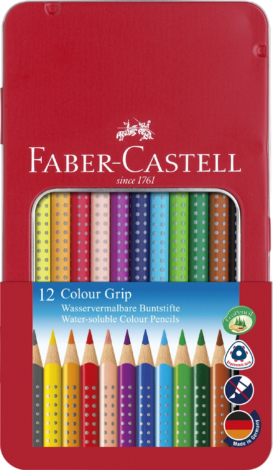 Een faber-castell kleurpotloden colour grip 12 stuks metalen doos koop je bij NiceSupplies.nl