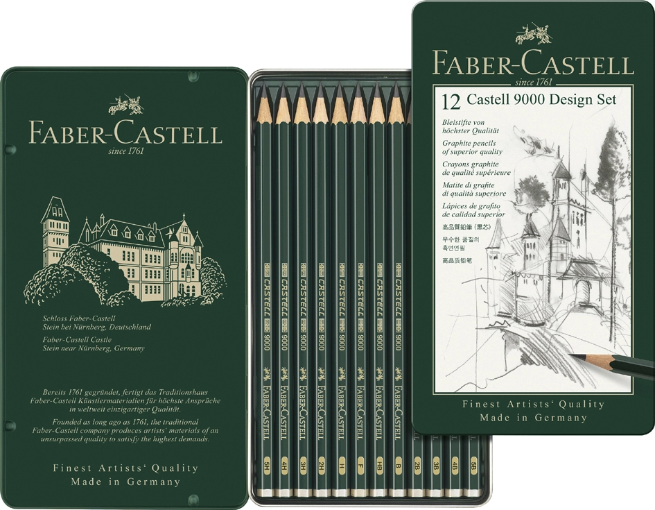 Een faber-castell potlood castell 9000 design 12 stuks metalen doos koop je bij NiceSupplies.nl