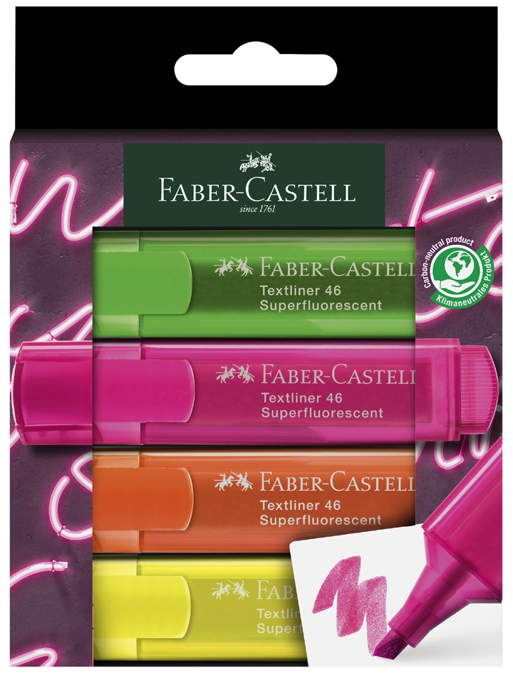 Een faber-castell tekstmarker tekstliner 1546 neon 4stuks etui koop je bij NiceSupplies.nl