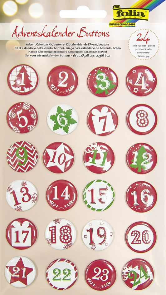 Een folia adventskalender-buttons parelmoer van blik 1 -24 koop je bij NiceSupplies.nl