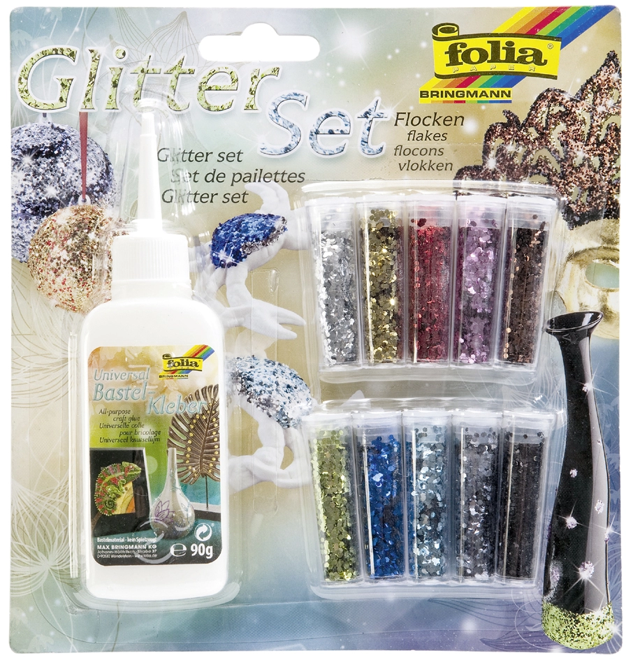 Een folia glitter-set vlokken incl dekolijm koop je bij NiceSupplies.nl