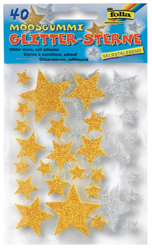 Een folia moosgummi glitter-sticker 'sterren' assorti koop je bij NiceSupplies.nl