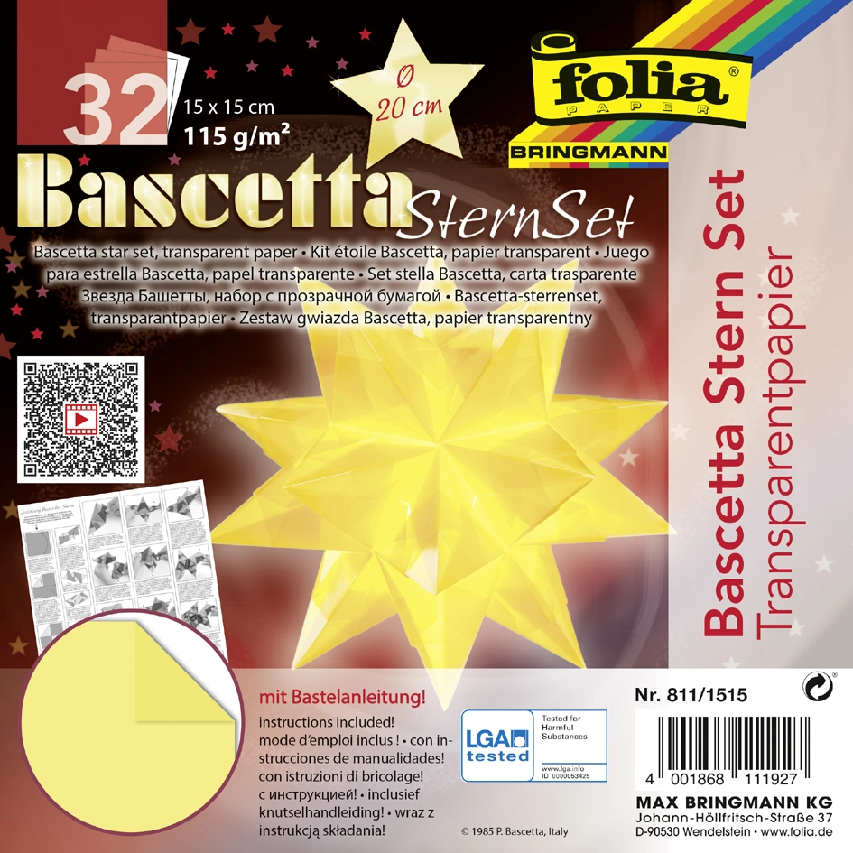 Een folia vouwblaadjes bascetta-sterren 150x150 mm lichtgeel koop je bij NiceSupplies.nl