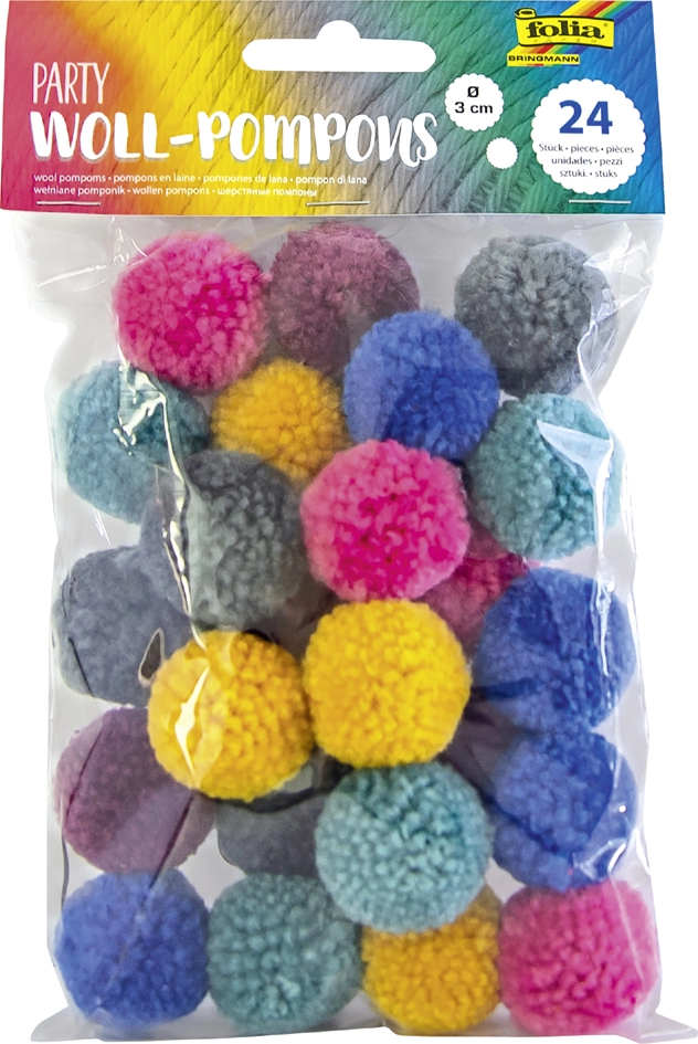 Een folia woll-pompons party 24 stuk gekleurd assorti koop je bij NiceSupplies.nl