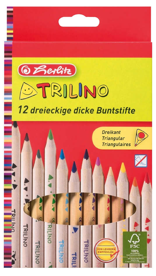 Een herlitz driehoekige kleurpotloden trilino 12 stuks kartonnen etui koop je bij NiceSupplies.nl