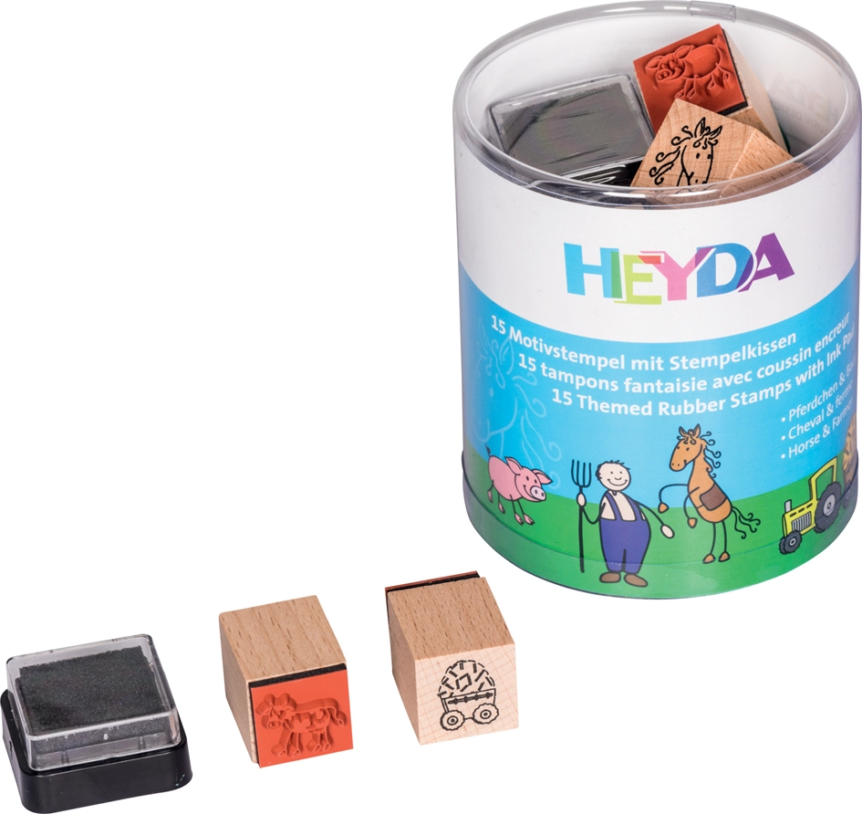 Een heyda motief stempel-set paardchen en bauernhof rond doosje koop je bij NiceSupplies.nl