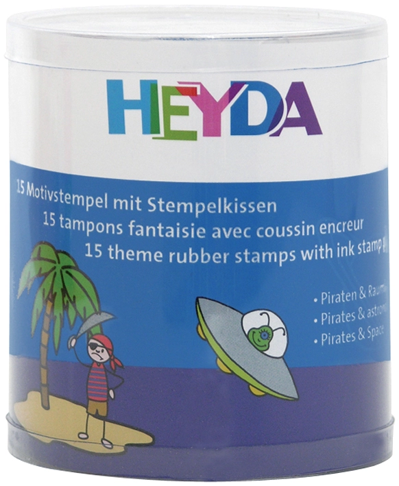 Een heyda motief stempel-set piraaten en raumfahrer rond doosje koop je bij NiceSupplies.nl