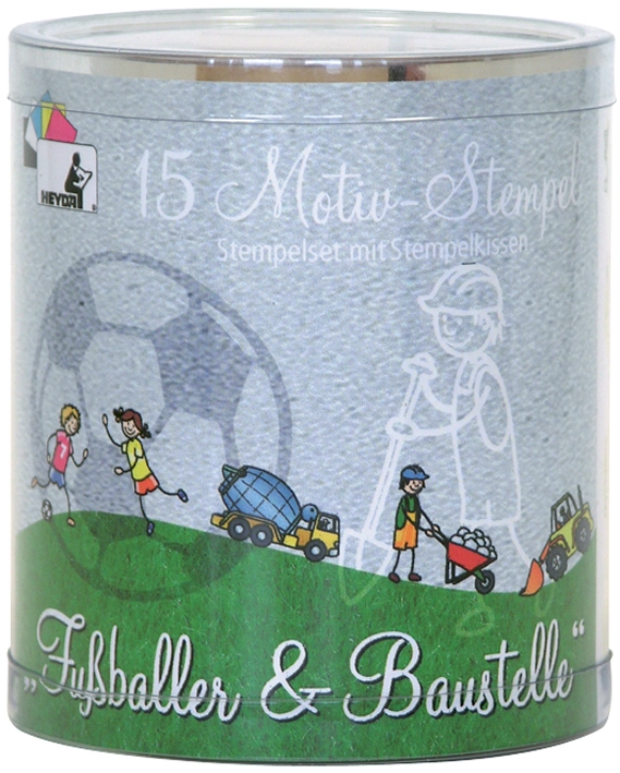 Een heyda motief stempel-set voetenballer en bouwplaats rond doosje koop je bij NiceSupplies.nl