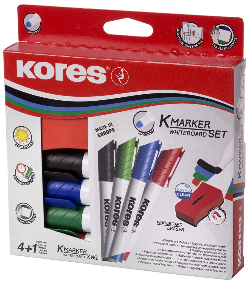 Een kores whiteboard-marker set 4 marker en tafellscher koop je bij NiceSupplies.nl