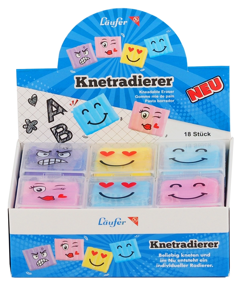 Een laufer kneedgum smiley in 18 stuks display koop je bij NiceSupplies.nl