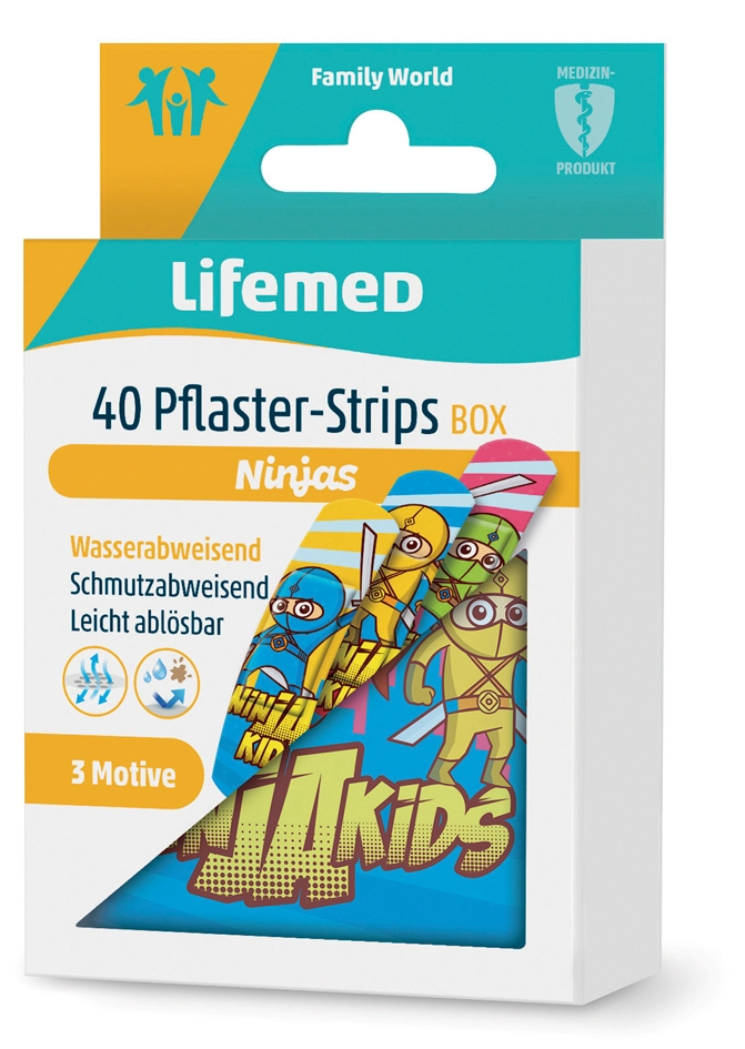 Een lifemed kinder-pleister-strips ninjas 40 stuks metalen box koop je bij NiceSupplies.nl