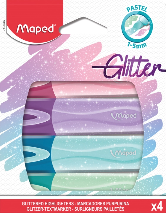 Een maped tekstmarker fluo'peps glitter pastel 4 stuks kartonnen etui koop je bij NiceSupplies.nl