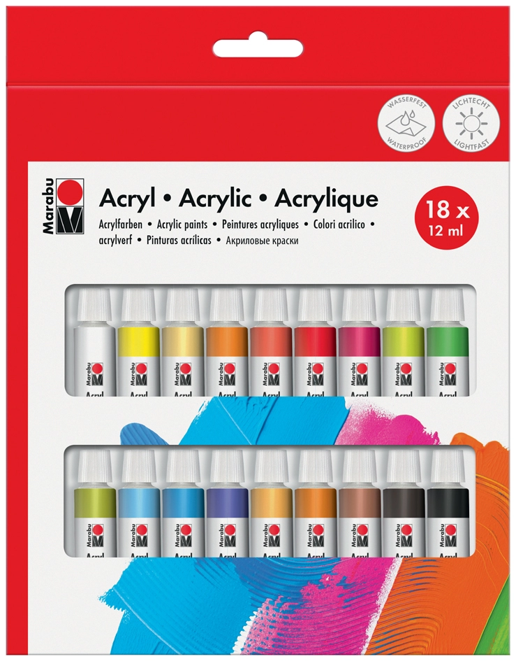 Een marabu acrylverfn-set 18x12 ml gekleurd assorti koop je bij NiceSupplies.nl