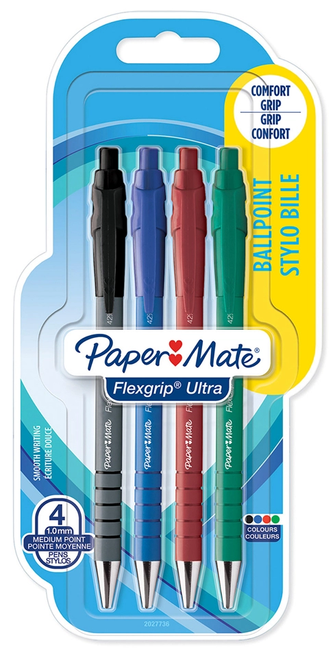 Een papermate balpen met drukknop flexgrip ultra 4 stuks blister koop je bij NiceSupplies.nl