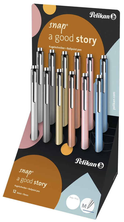 Een pelikan balpen met drukknop snap metallic in display koop je bij NiceSupplies.nl