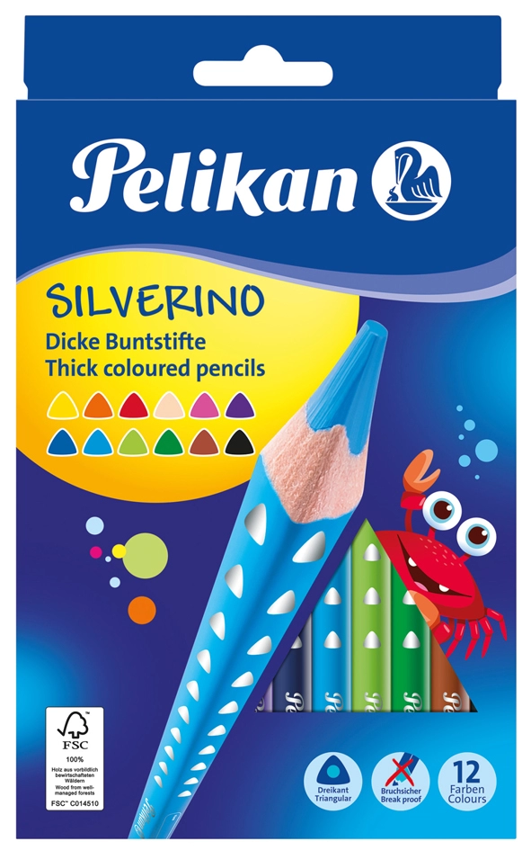 Een pelikan driehoekig-kleurpotlood silverino dick 12 stuks kartonnen etui koop je bij NiceSupplies.nl